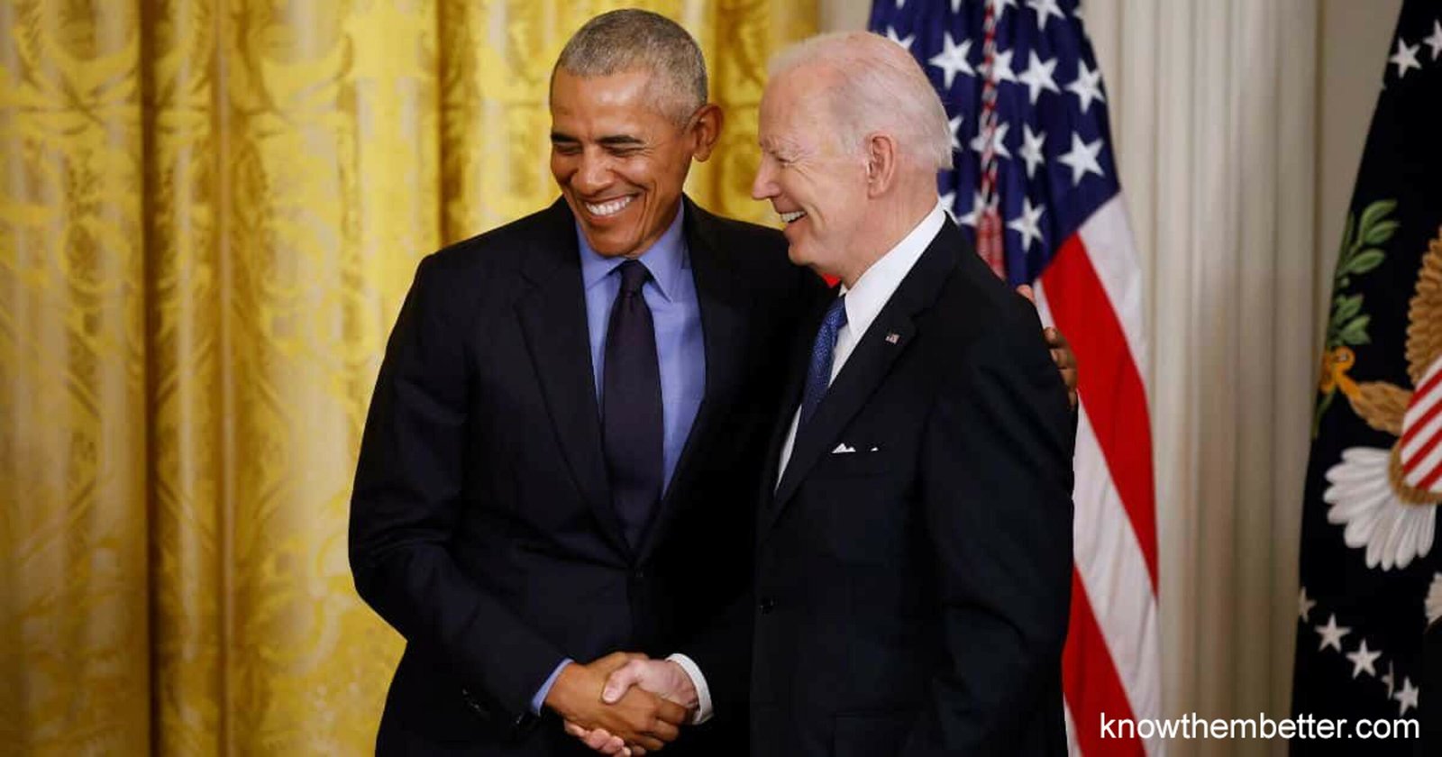 Joe Biden is shacking hand with Barack Obama